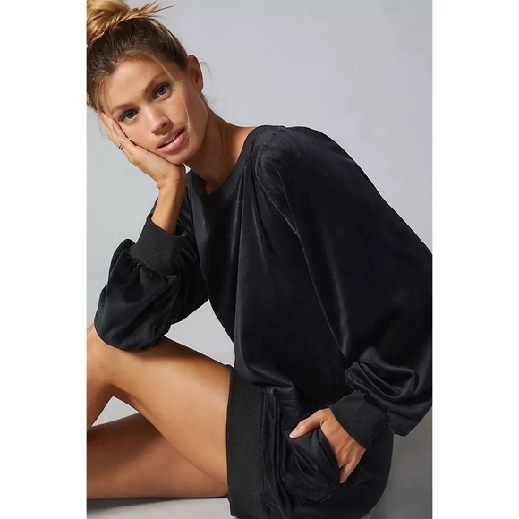 NWT!! Anthropologie DAILY PRACTICE Black Velvet Puff-Sleeve Dress Mini Medium - Picture 1 of 16